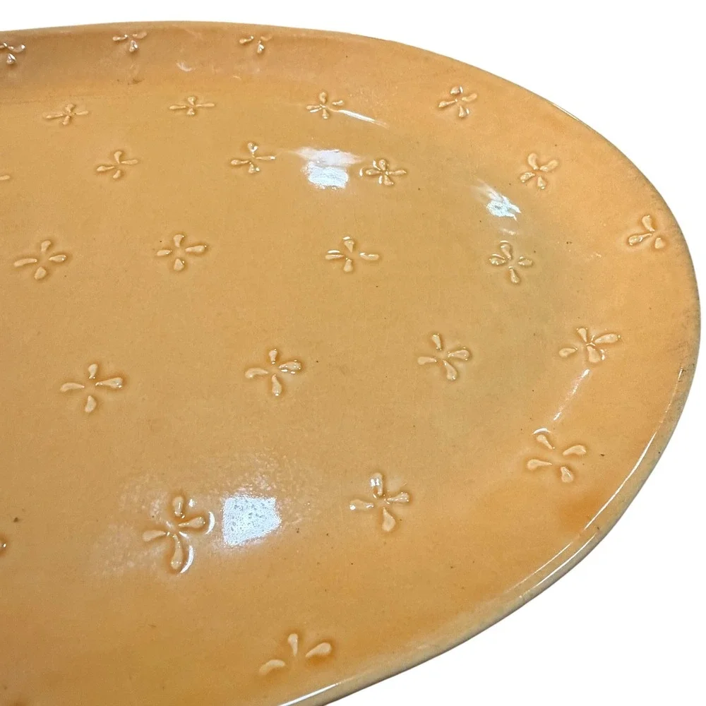 Portugal Terracotta Oval Serving Platter Mustard Yellow Embossed Floral 16 Inch